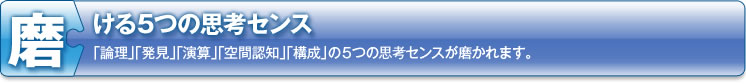 磨ける5つの思考センス　「論理」「発見」「演算」「空間認知」「構成」の５つの思考センスが磨かれます。
