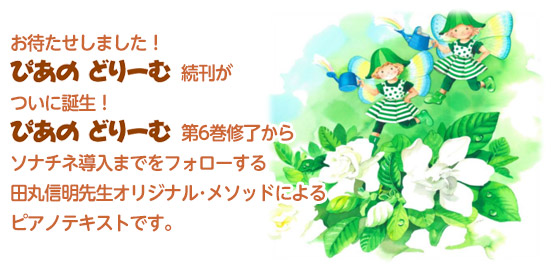 お待たせしました！ぴあのどりーむ続刊がついに誕生！ぴあのどりーむ第6巻修了からソナチネ導入までをフォローする田丸信明先生オリジナル･メソッドによるピアノテキストです。