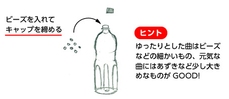 ビーズを入れてキャップを締める ヒントゆったりとした曲はビーズなどの細かいもの、元気な曲にはあずきなど少し大きめなものがGOOD!